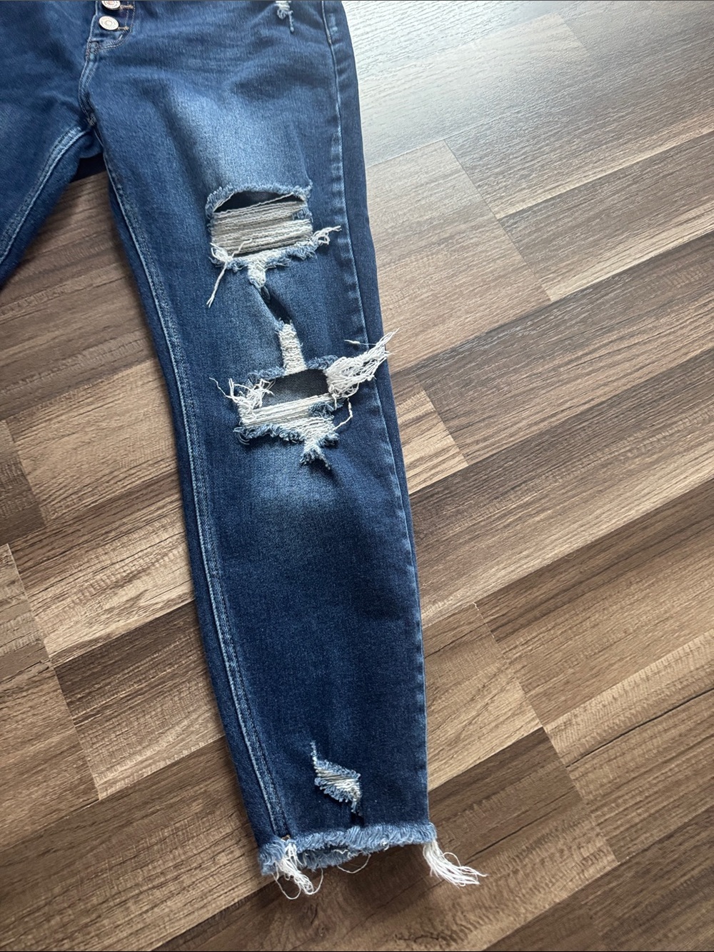 KanCan Dark Blue Distressed Boyfriend Jeans with Button Fly - Picture 2 of 7